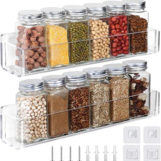Acrylic Spice Rack Attached to the Wall for Kitchen Cabinet Doors or Hanging spice rack, RV spice rack, Hook & Loop, Bid Farewell to Dislodging Wall Mounted Acrylic Removable Rack (2 Pieces - Clear)