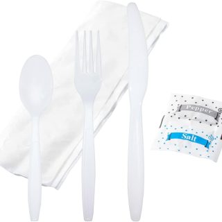 Bulk Heavy Weight Cutlery Individually Wrapped White Plastic Cutlery Knife, Spoon, Fork Pack with Napkin and Salt and Pepper Packets - Extra Strong & Resistant