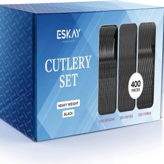 Heavy Weight Plastic Silverware Set - 200 Forks, 100 Knives, 100 Spoons - Disposable Cutlery Combo (Black)