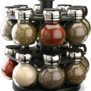 Olde Thompson Since 1944 Orbit Rotating Rack, 16 Refillable Spice Jars, Labeled Shaker Tops, 45, Black, Clear
