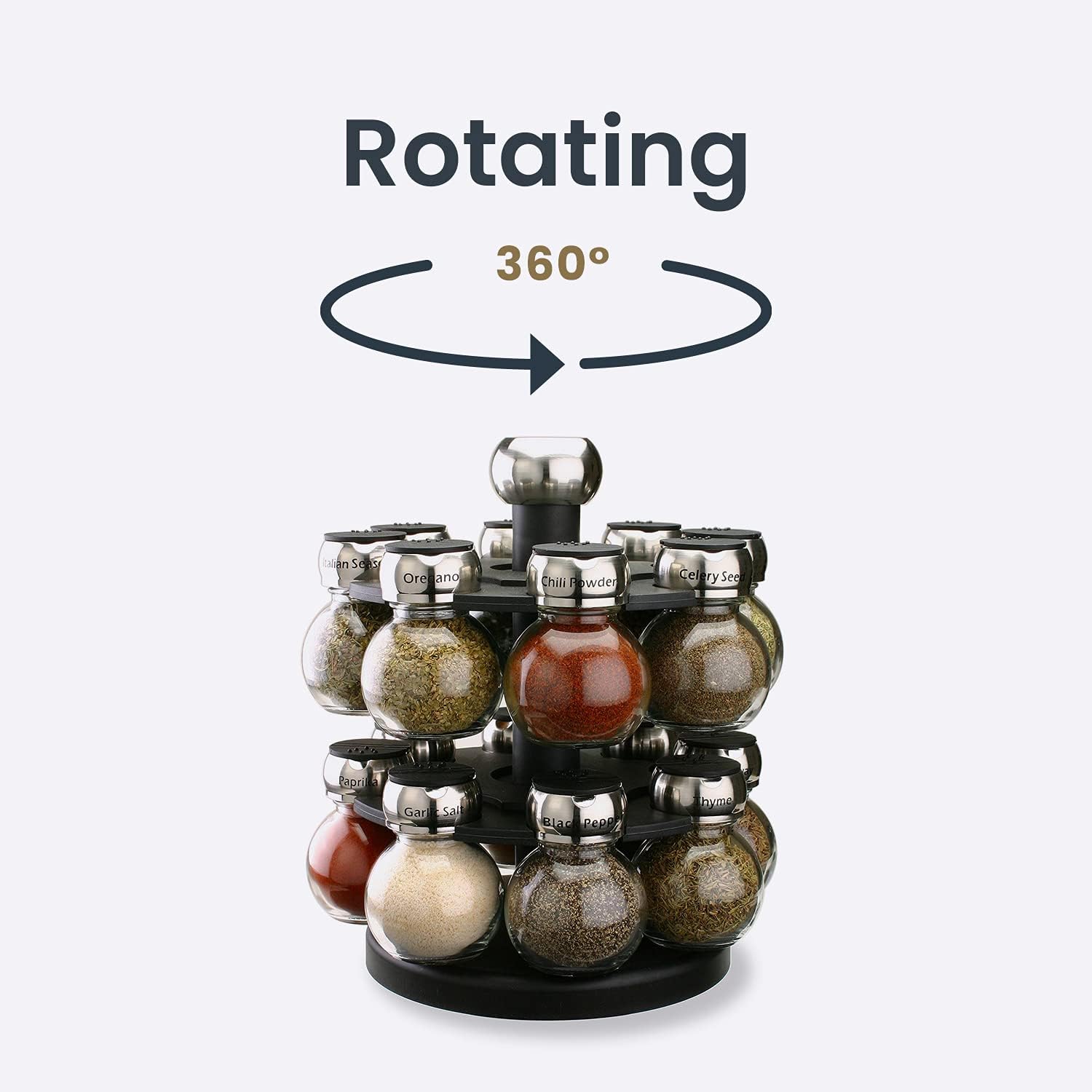 Olde Thompson Since 1944 Orbit Rotating Rack, 16 Refillable Spice Jars, Labeled Shaker Tops, 45, Black, Clear - Image 2