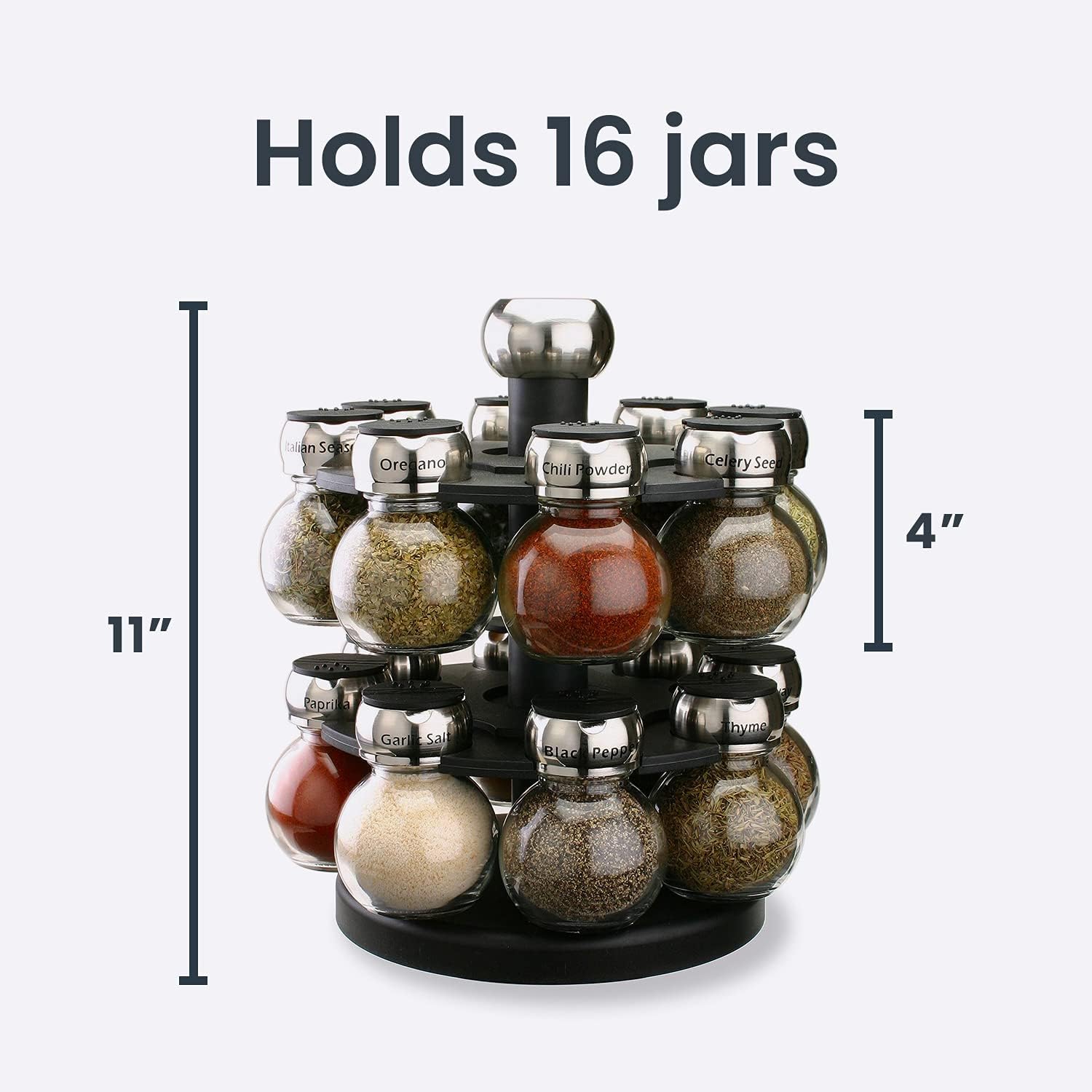 Olde Thompson Since 1944 Orbit Rotating Rack, 16 Refillable Spice Jars, Labeled Shaker Tops, 45, Black, Clear - Image 4