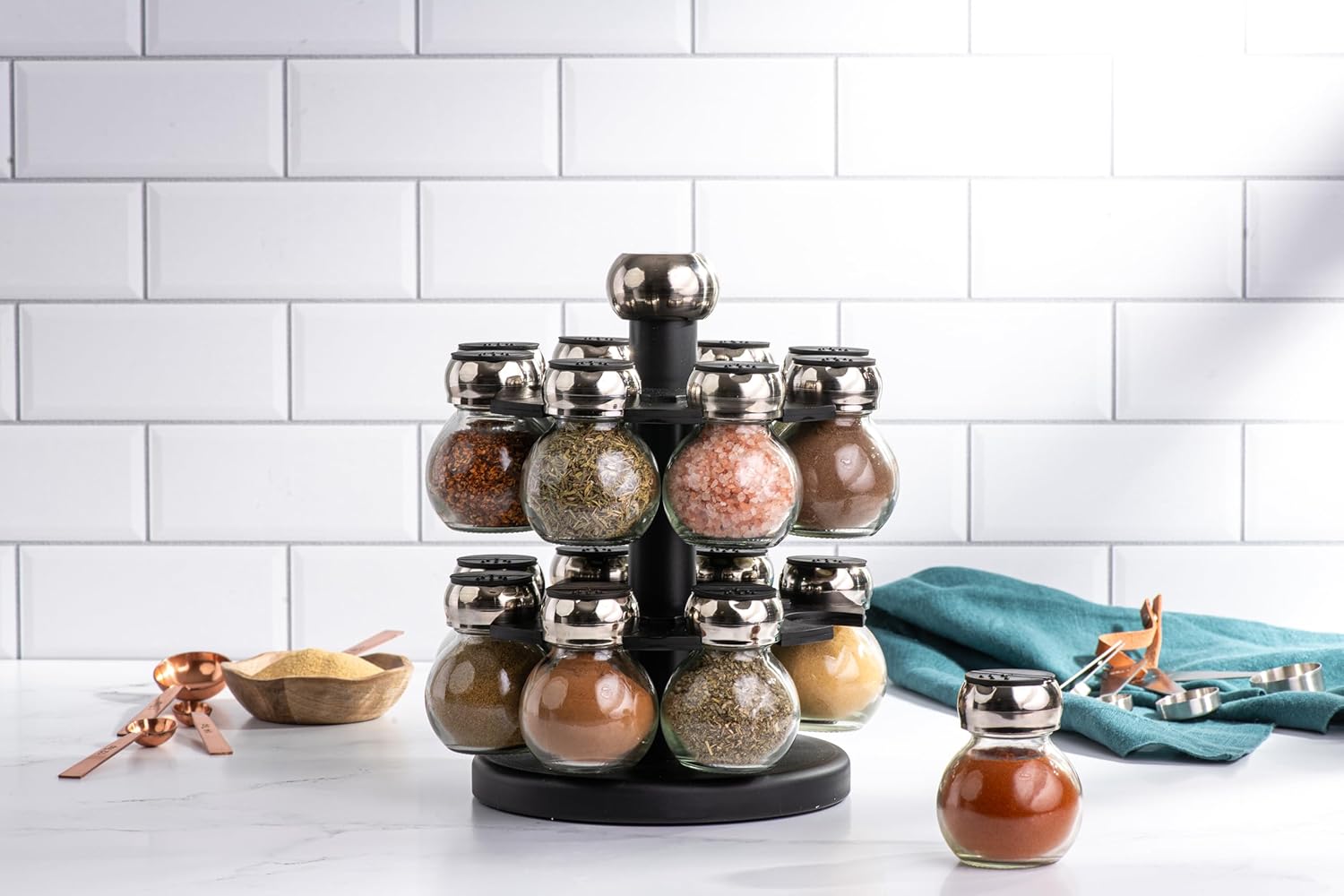 Olde Thompson Since 1944 Orbit Rotating Rack, 16 Refillable Spice Jars, Labeled Shaker Tops, 45, Black, Clear - Image 5