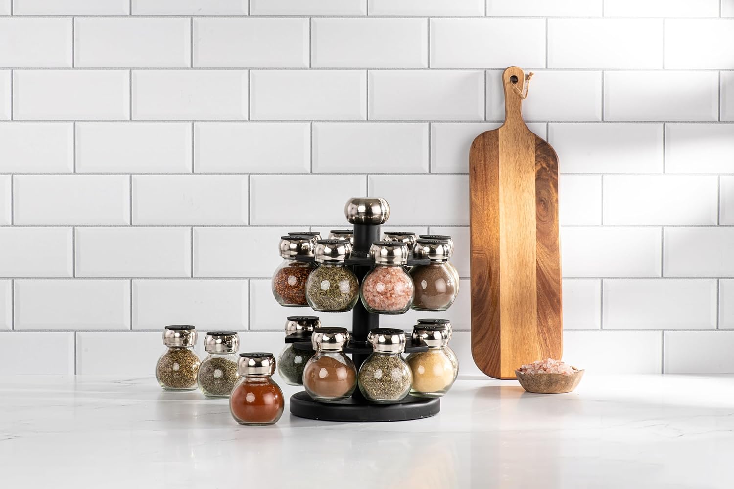 Olde Thompson Since 1944 Orbit Rotating Rack, 16 Refillable Spice Jars, Labeled Shaker Tops, 45, Black, Clear - Image 6