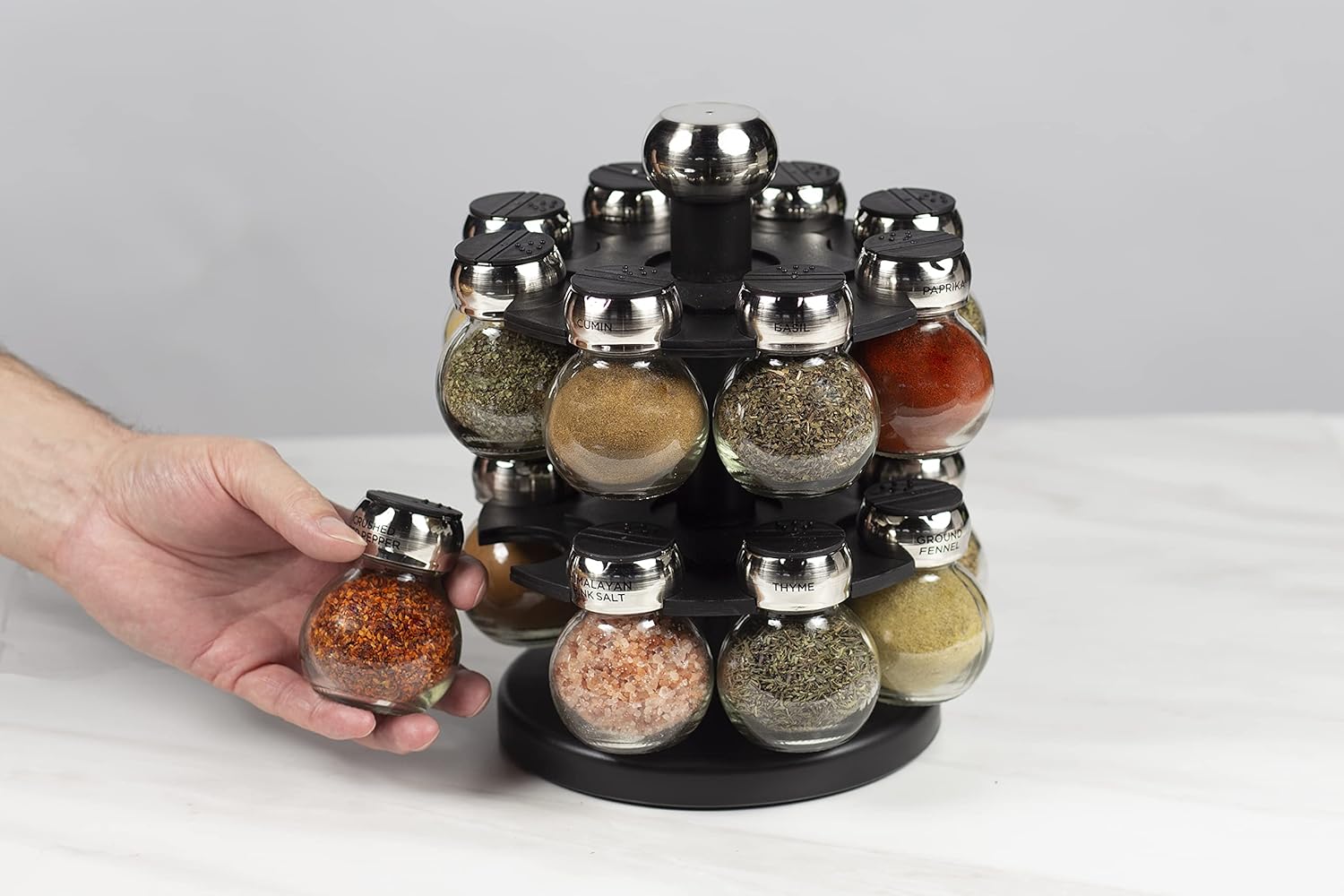 Olde Thompson Since 1944 Orbit Rotating Rack, 16 Refillable Spice Jars, Labeled Shaker Tops, 45, Black, Clear - Image 7